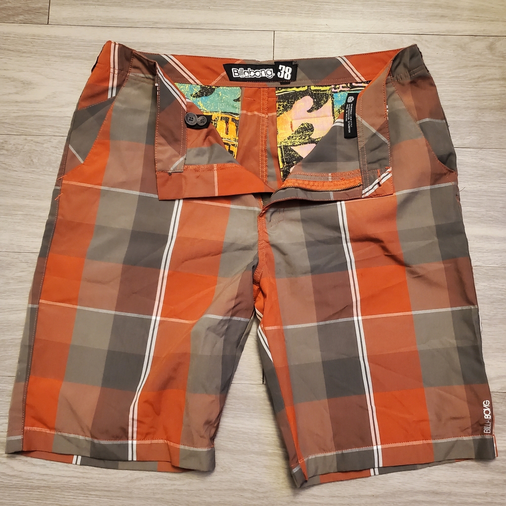 Billabong Mens Size 38 Casual Chino Plaid Shorts Orange Gray 11" Inseam